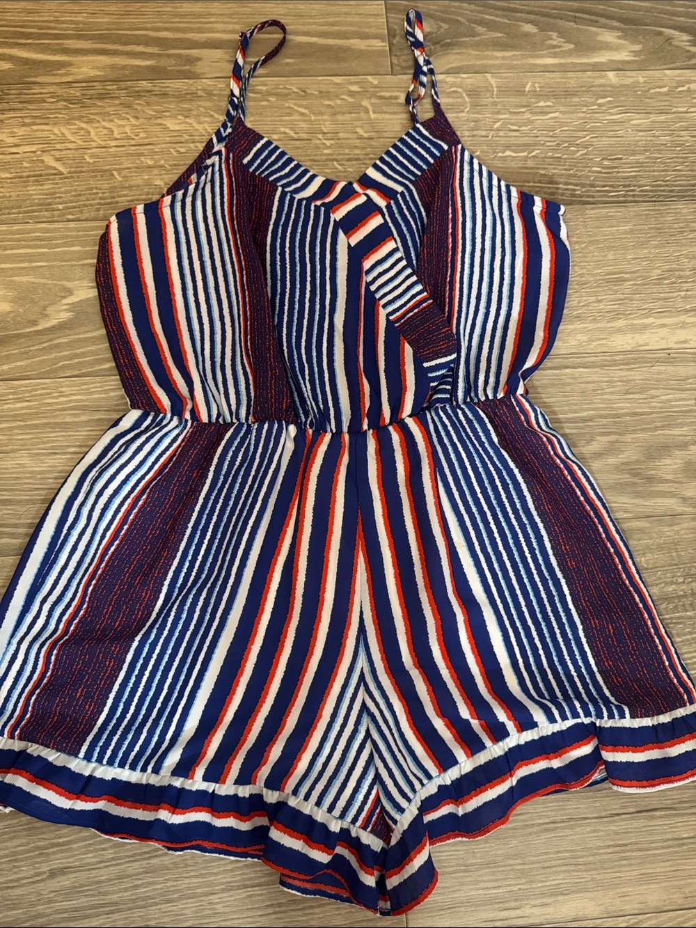Charming Charlie Red, White & Blue Striped Spaghetti-Strap Romper